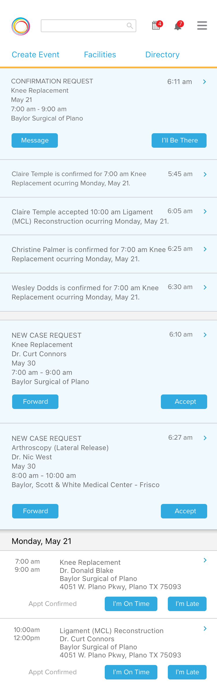 A rep receives the scheduler's request to confirm attendance