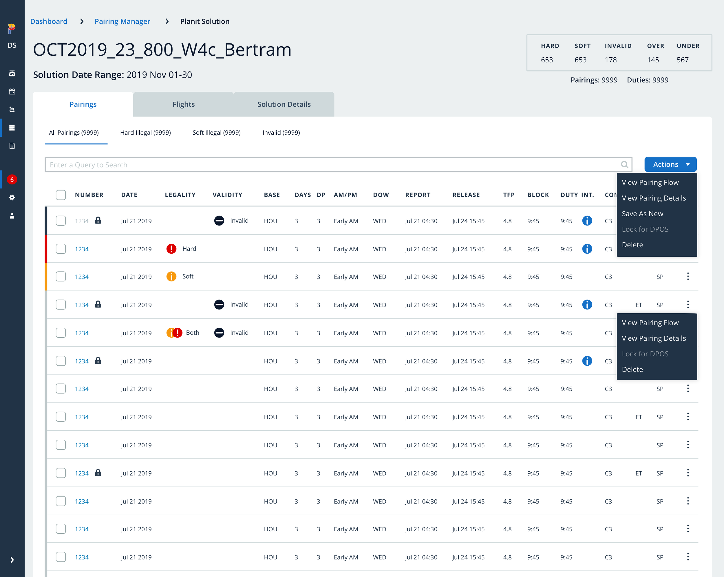 Dense data is organized using searchable tables. Indicators and row states allow users to evaluate and resolve issues with ease.