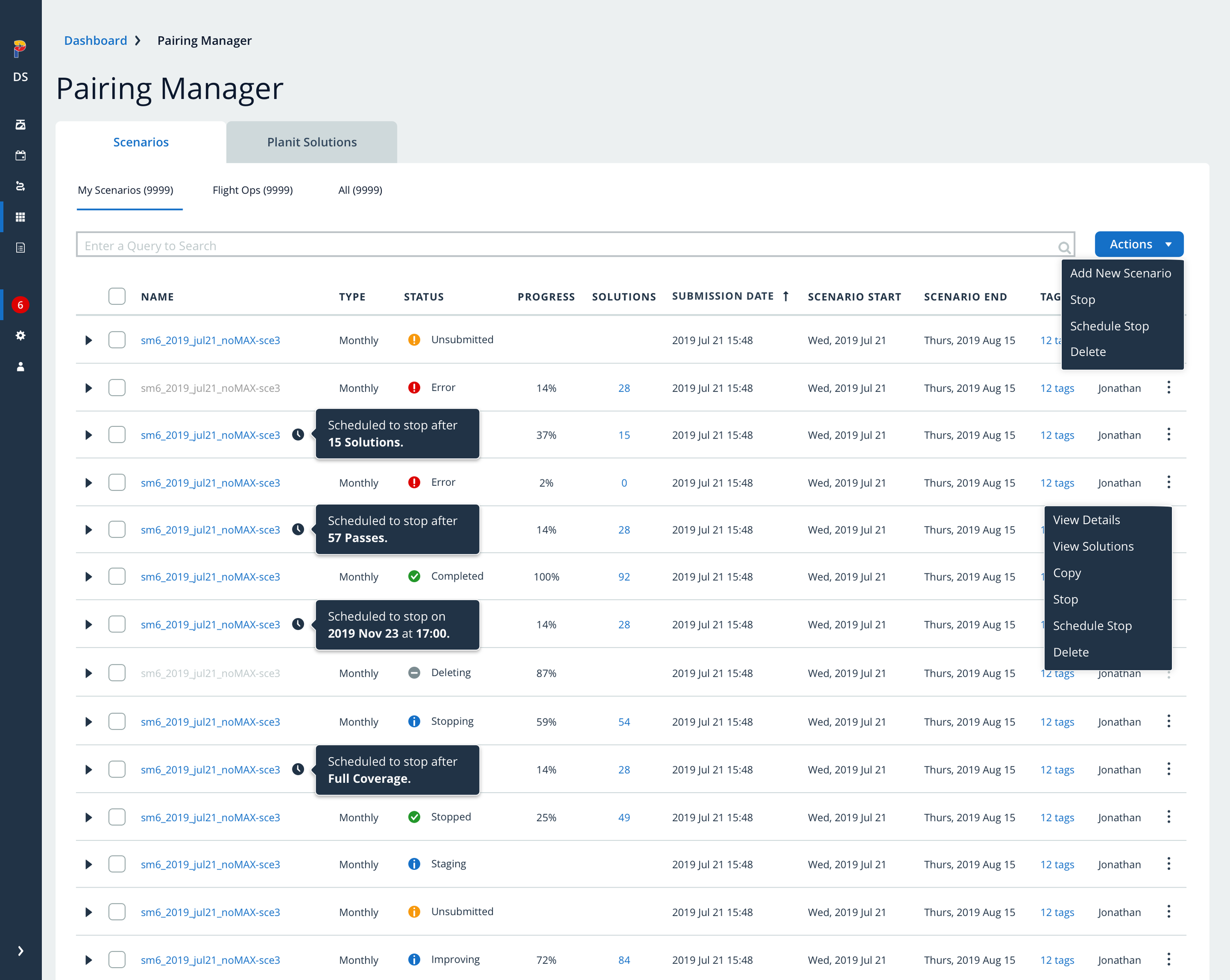 Sortable expanding data table to track schedules in varying states of optimization