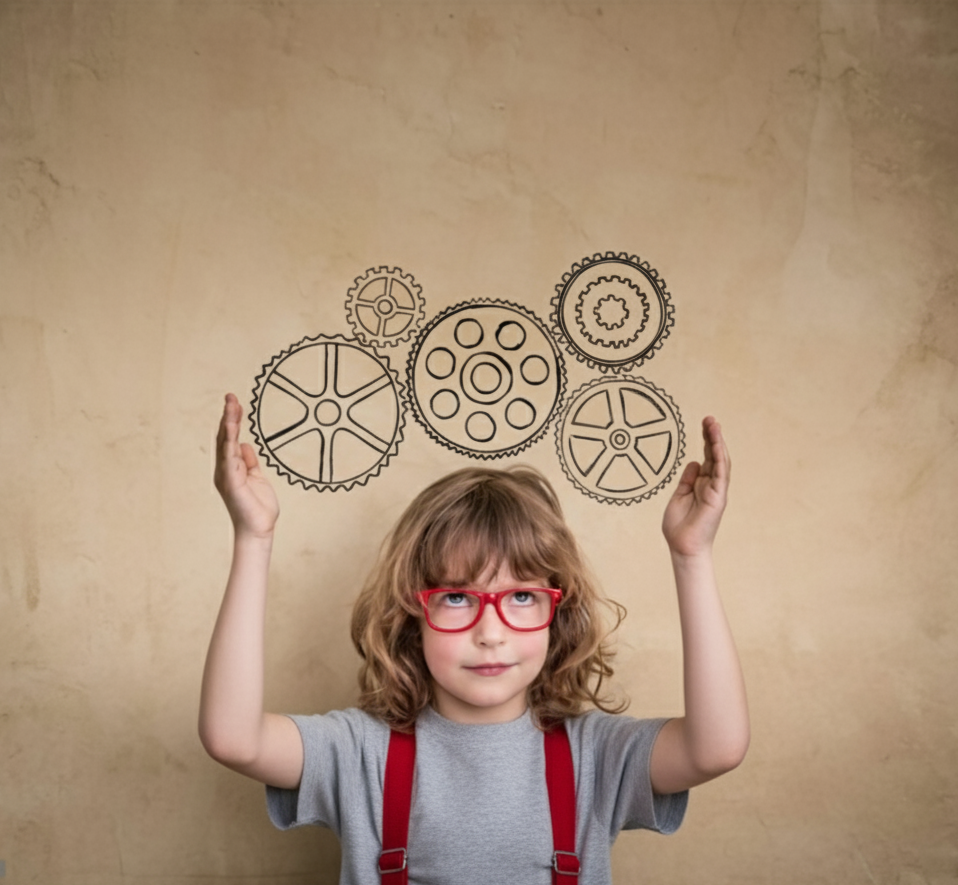 A young child with red glasses and curly light brown hair, wearing a gray shirt with red suspenders, standing in front of a beige wall, holding their hands up as if supporting a series of black gear illustrations floating above their head.