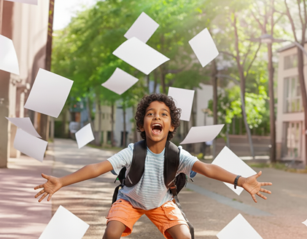 A young boy with curly hair and a backpack runs with his arms outstretched on a city street, papers flying around him, with trees and buildings in the background.