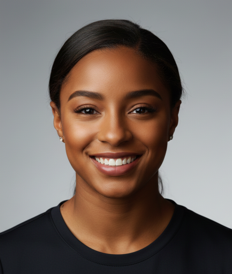 A smiling young African American woman with dark hair, wearing a black top, small earrings, and a natural makeup look, against a gray background.
