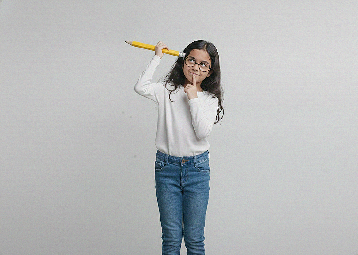 A young girl with glasses and long dark hair standing against a plain gray background, holding a large yellow pencil on her shoulder and pretending to think.