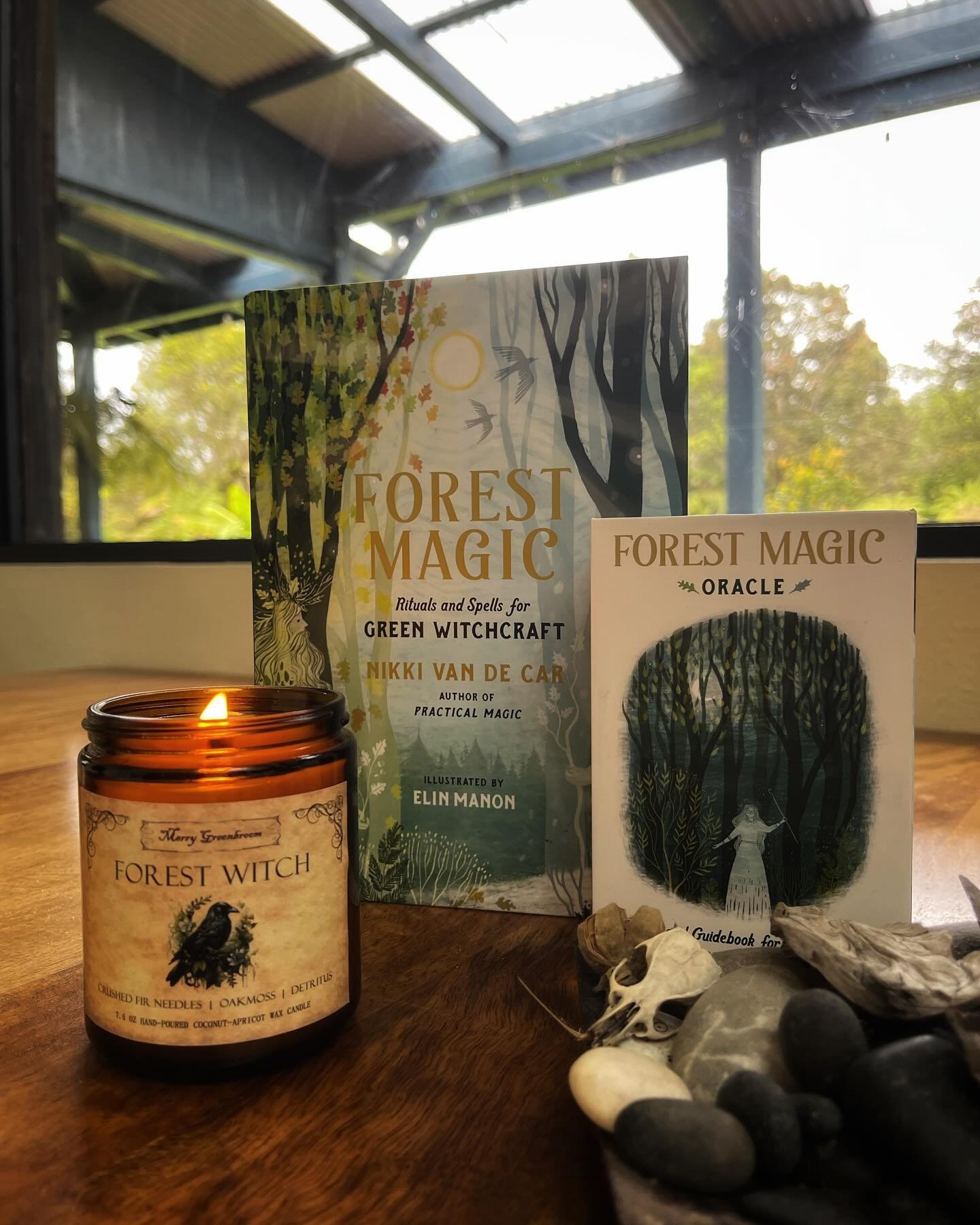 Some days, everything comes together perfectly, a synergy of everything everywhere aligning all at once. In this case, a Forest Witch candle from @wildhobbithome with a Forest Magic book and Oracle deck, in a magical forest. #perfectthingsareperfect 