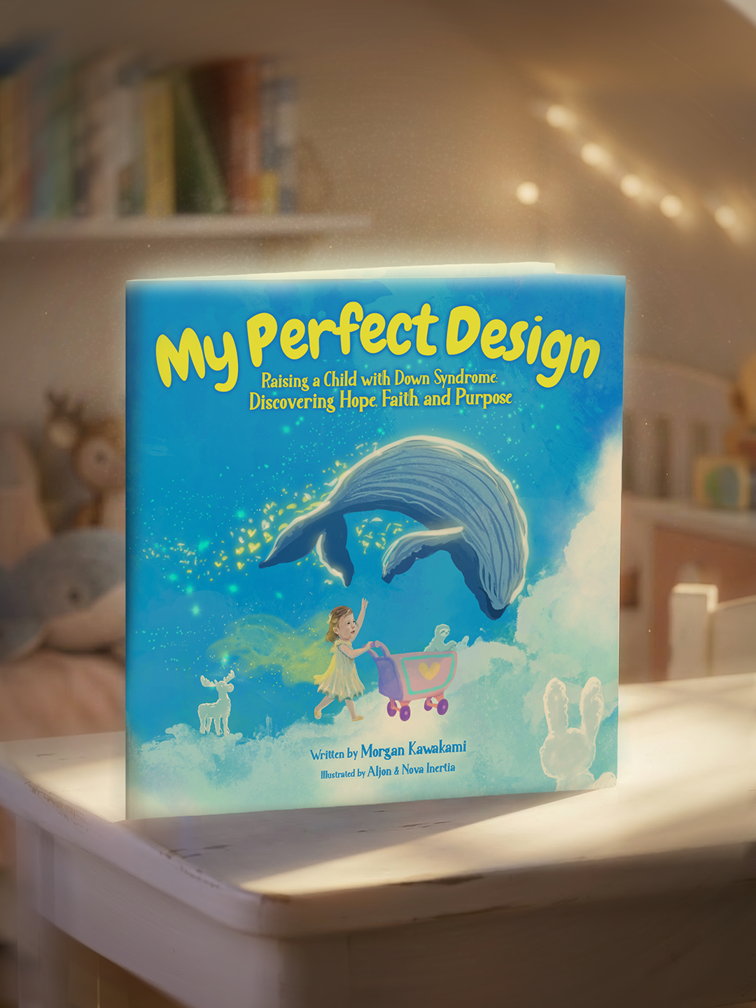 A children’s book titled 'My Perfect Design' with a colorful illustration of a girl pushing a stroller, surrounded by animals and a whale, in a bright room.