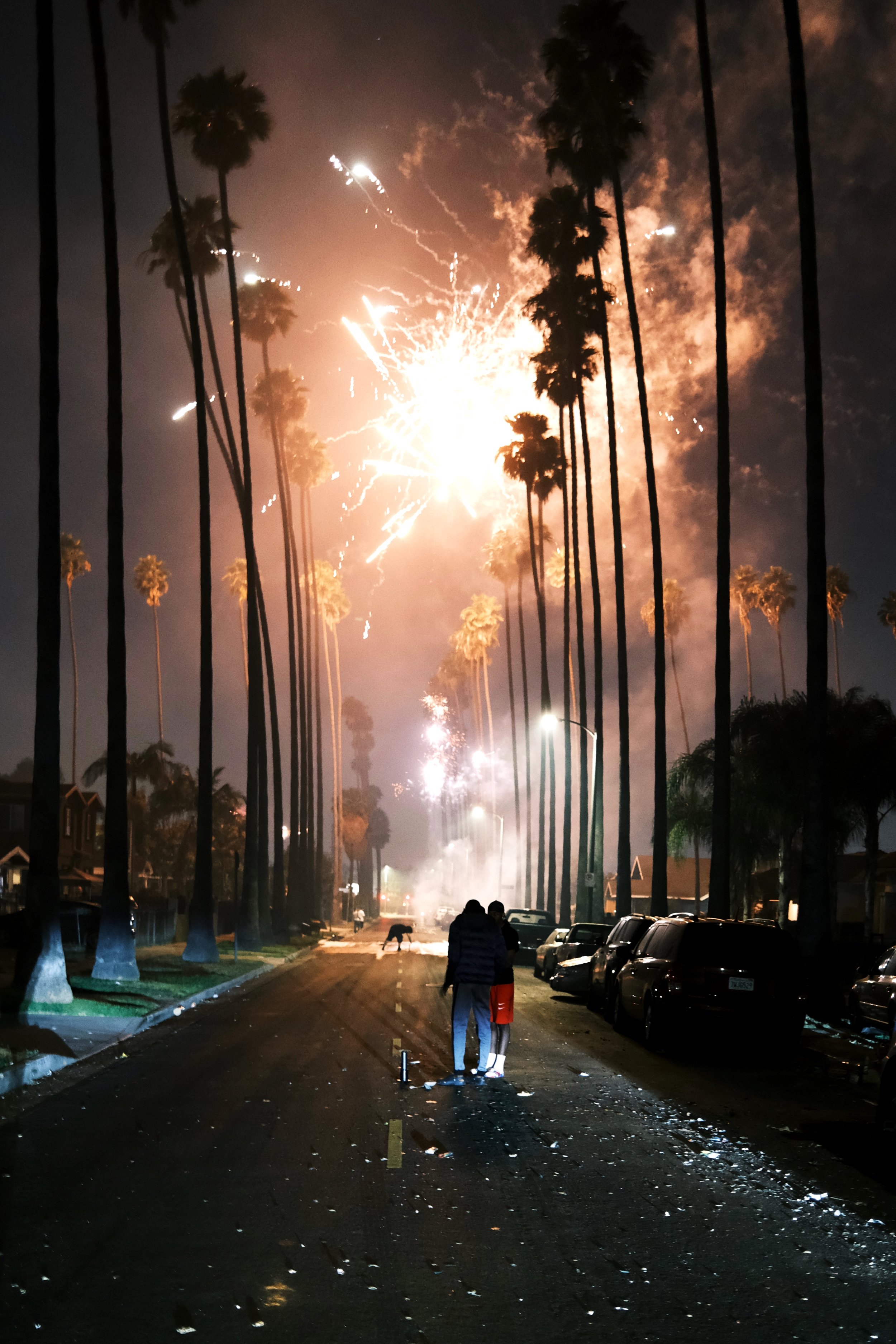Nighttime street scene with fireworks illuminating the sky, surrounded by tall palm trees. People are standing on the road watching the display.