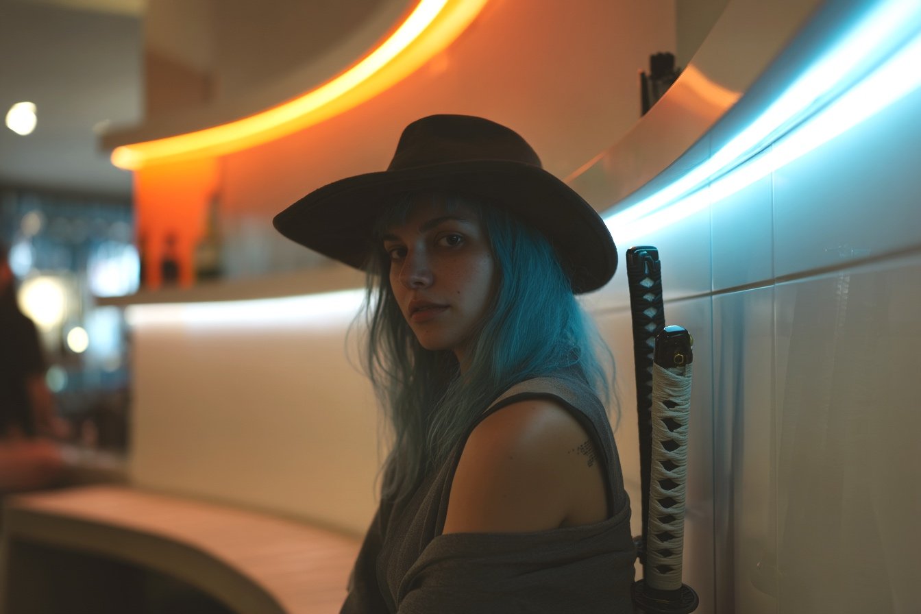 Person with blue hair and a black wide-brimmed hat sitting indoors with a katana sword strapped to their back, illuminated by colorful lights.