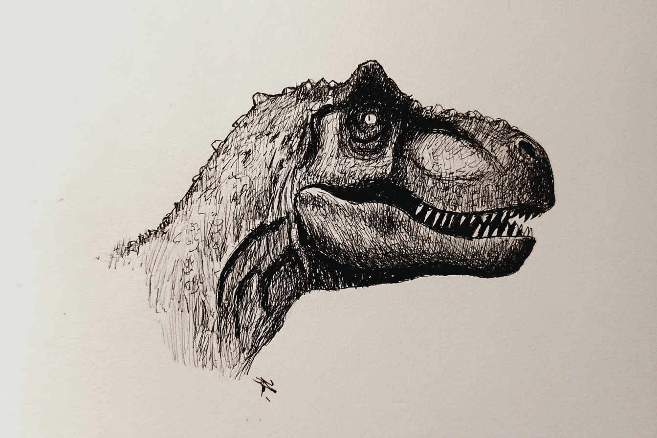 Black and white ink drawing of a dinosaur head with sharp teeth and textured skin.