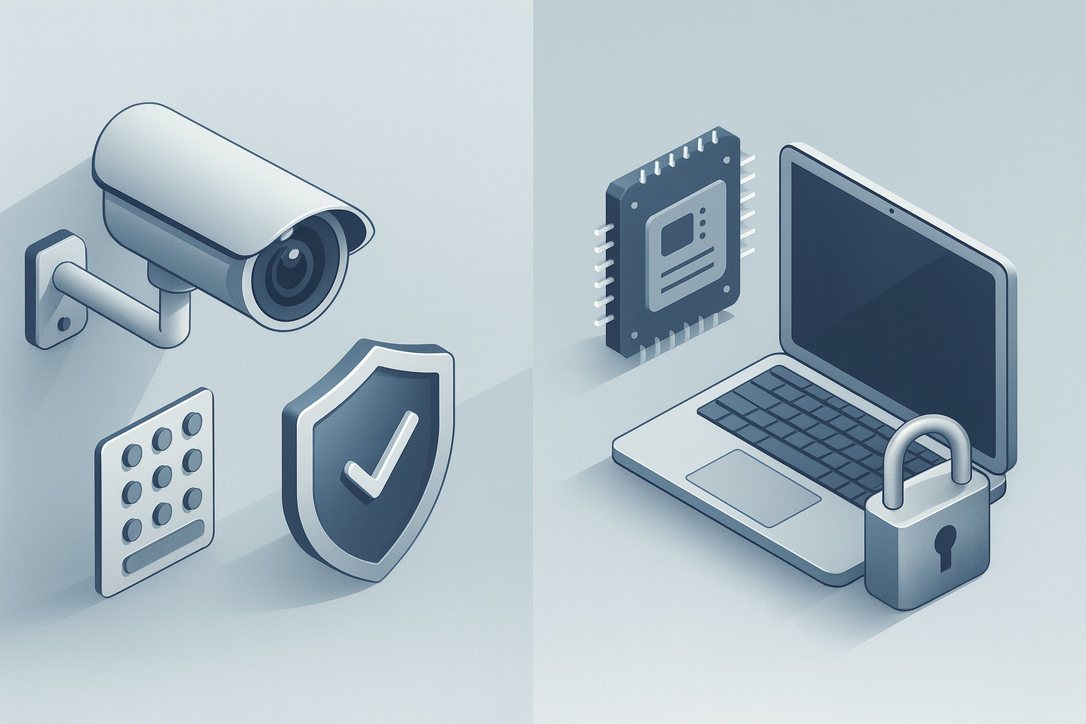 Sistema de seguridad con cámara, escudo y tarjeta en la izquierda, computadora portátil, procesador y candado en la derecha.