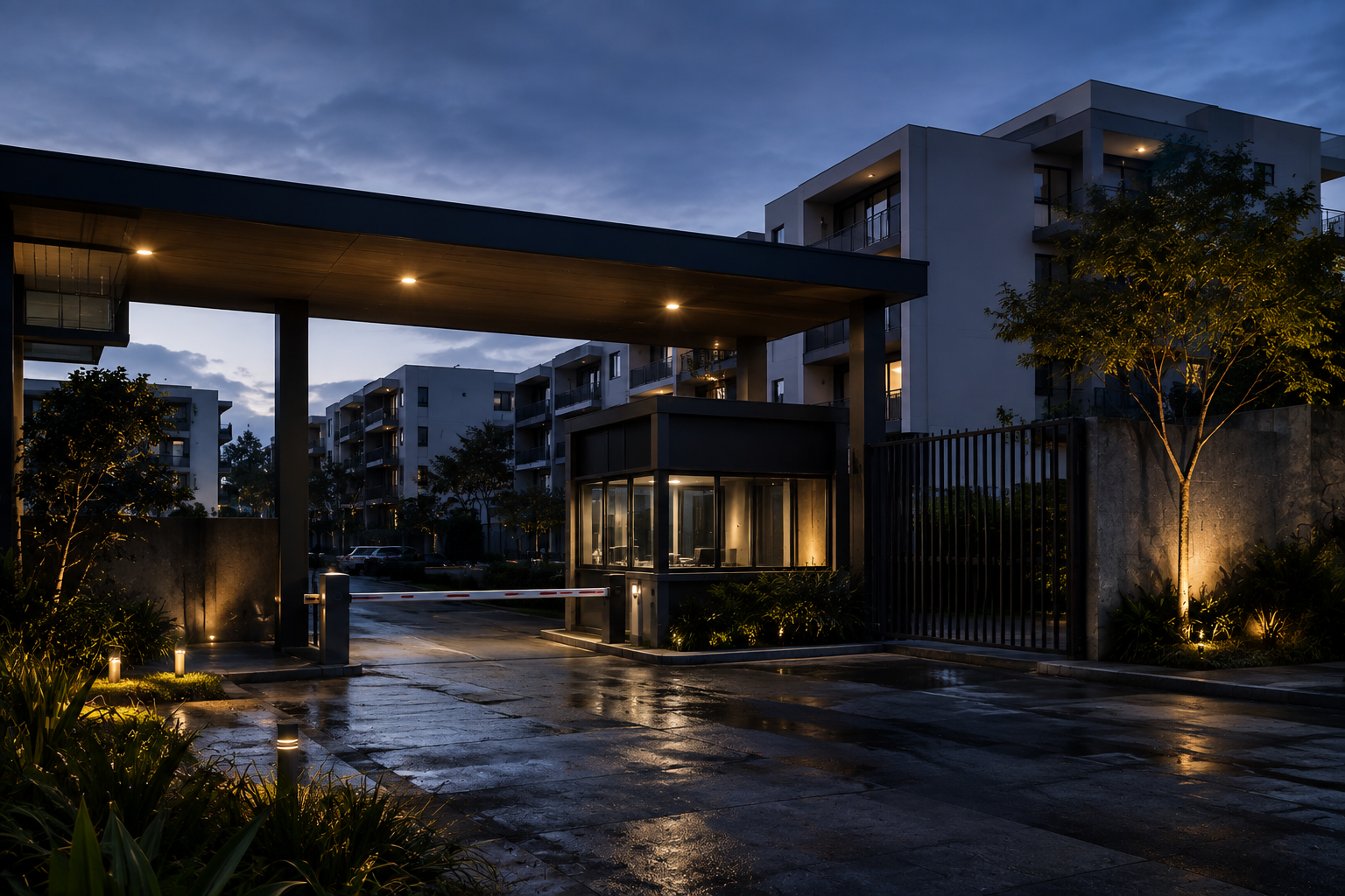 Entrada de un conjunto habitacional moderno al atardecer, con iluminación artificial y árboles decorativos.