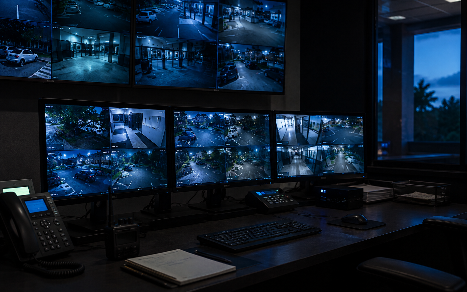 Sala de monitoreo con varias pantallas mostrando cámaras de vigilancia en diferentes áreas exteriores e interiores de un edificio de noche.