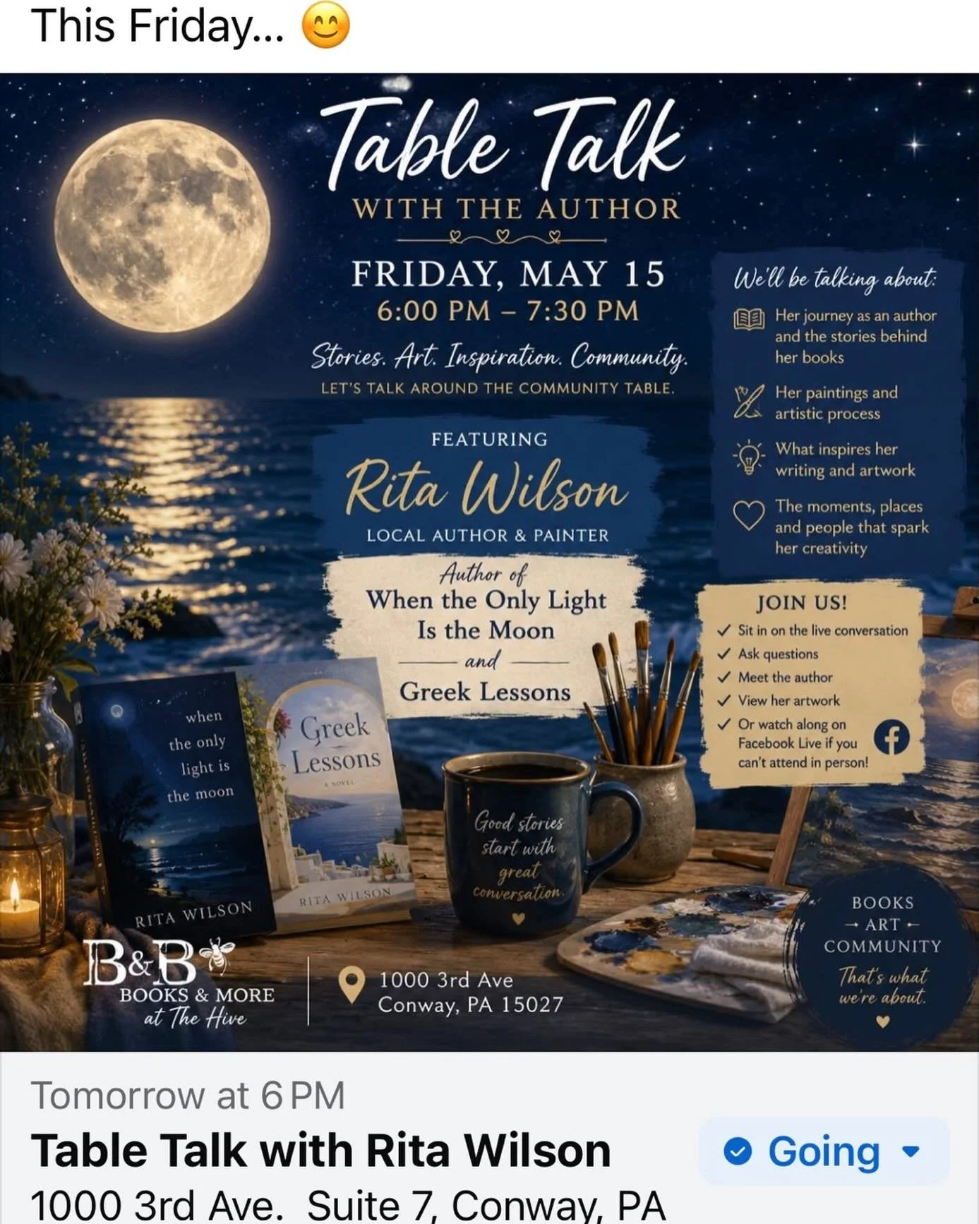 A discussion of my art and writing journey this Friday. If you can&rsquo;t come in person, tune into Facebook live!