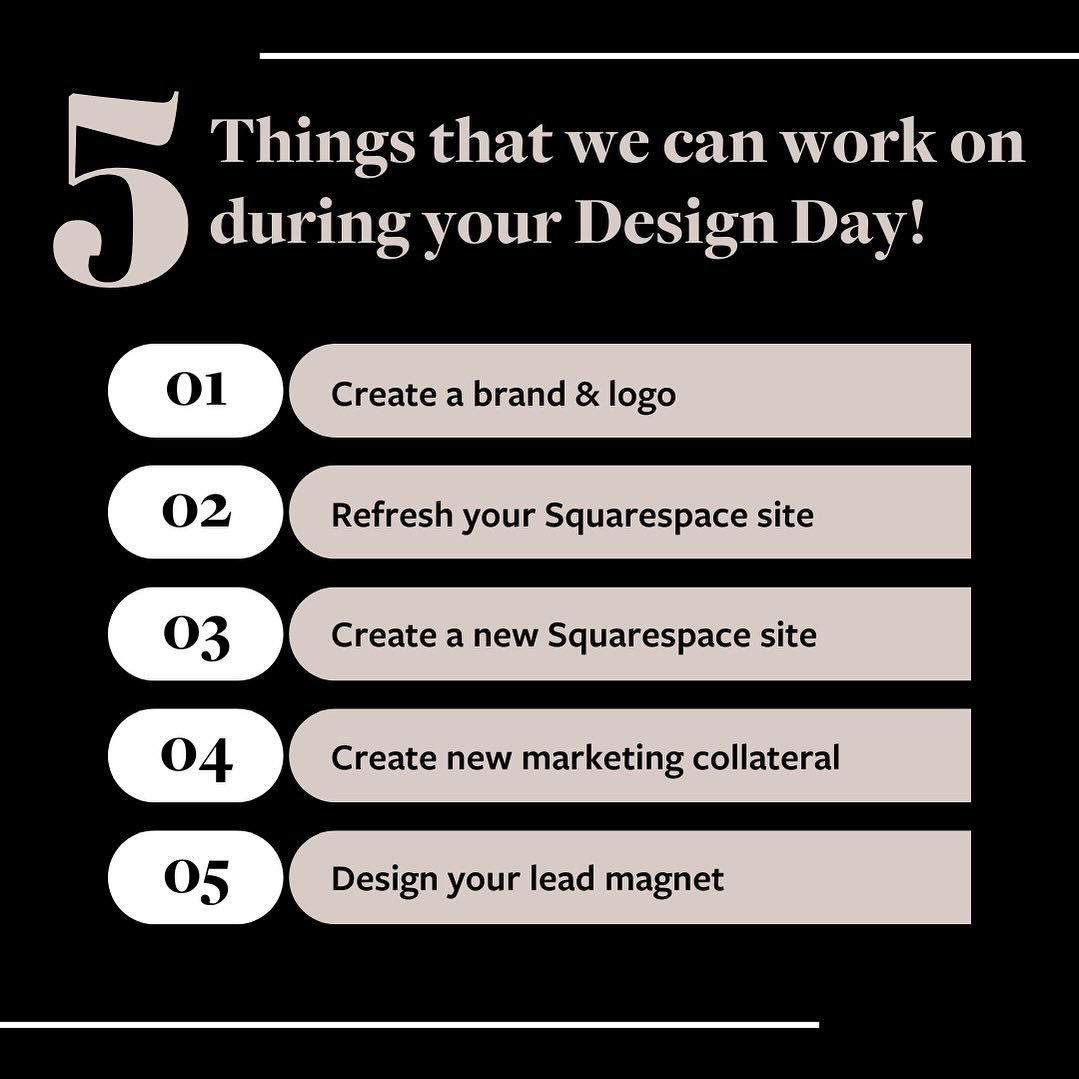 Design Day&hellip; why not?  A full day of my expertise focused solely on your business.  There are so many options for your day.  We can work on anything for your brand, website, marketing, courses, etc.  You decide and I get to work.  Got questions