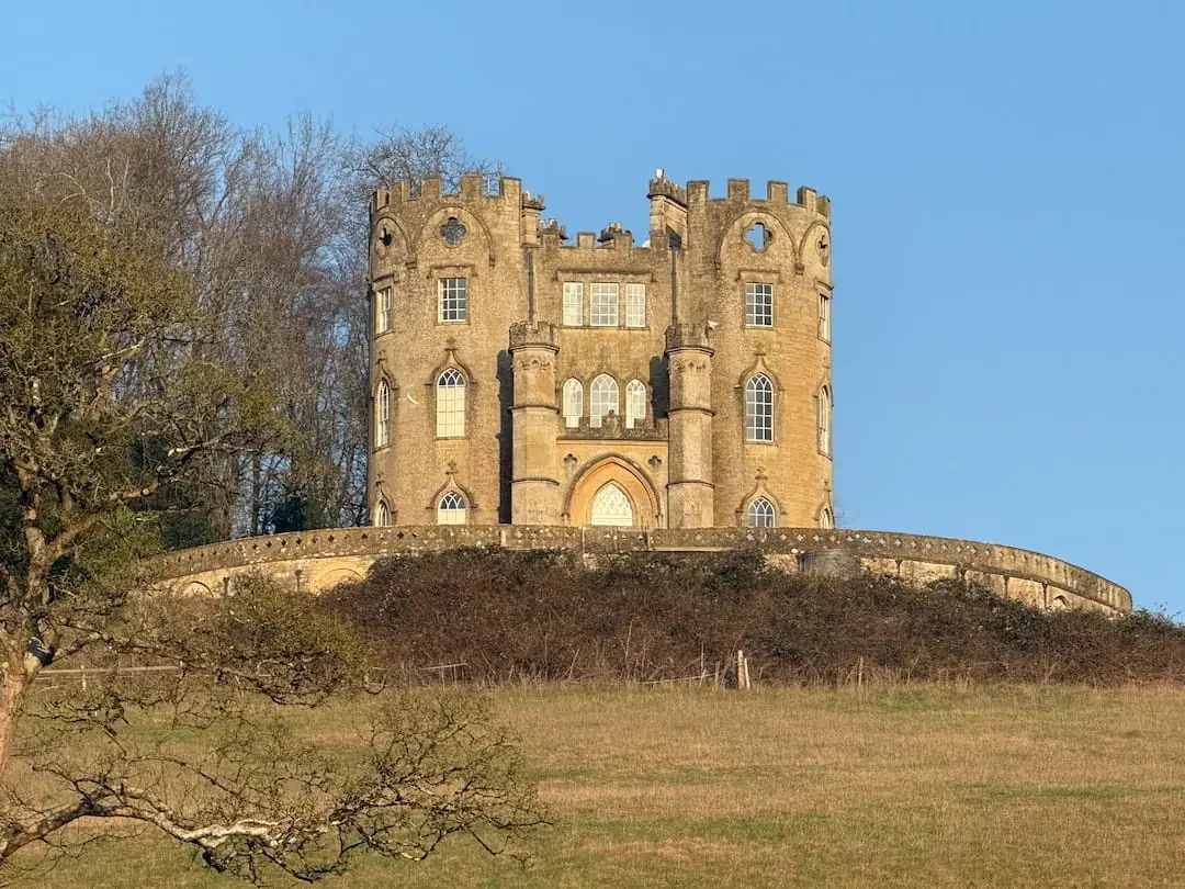 Midford Castle Gothic folly viewed from the Two Tunnels Greenway, Somerset