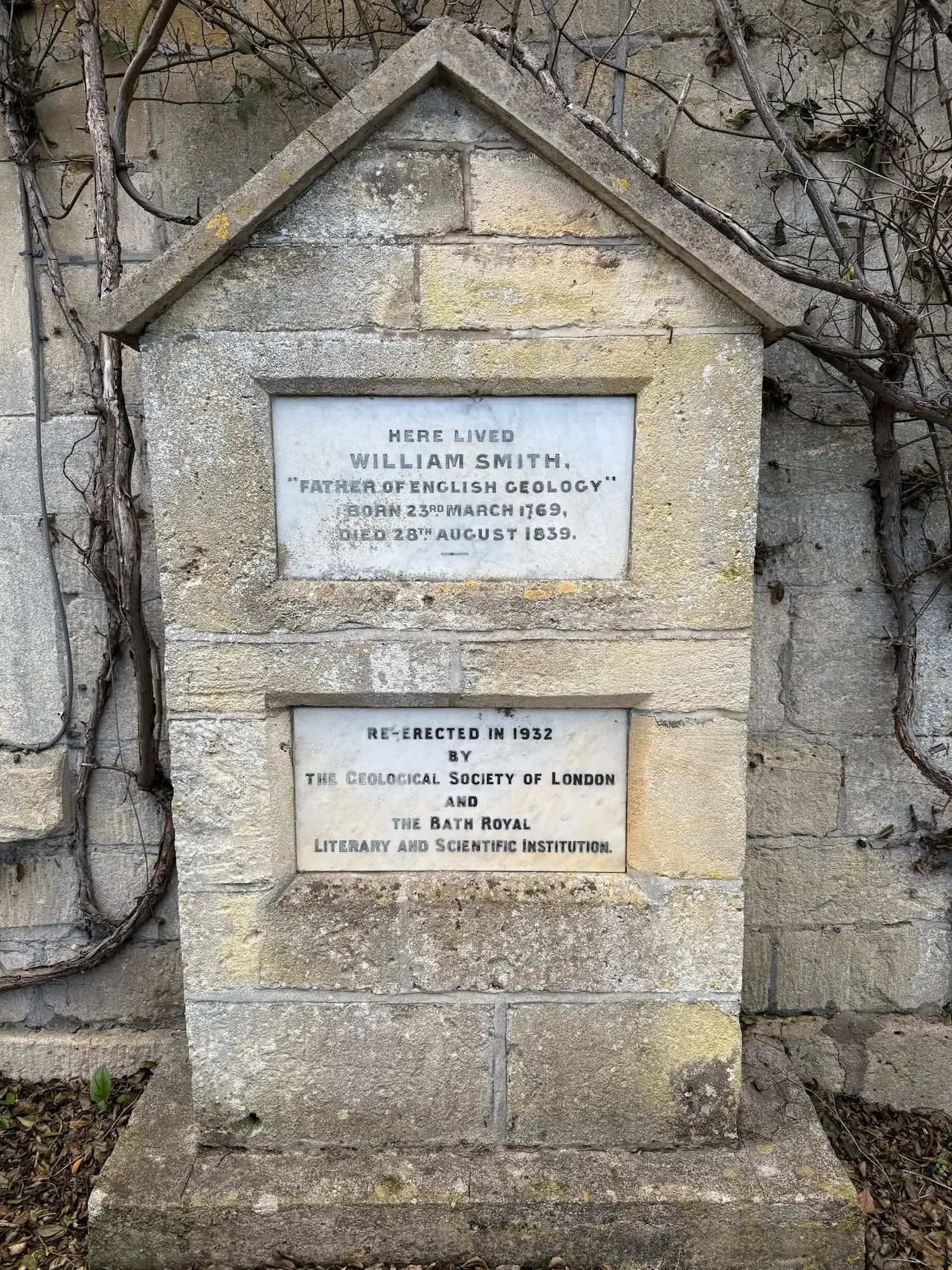 William Smith memorial plaque at Tucking Mill House, Midford Valley — birthplace of modern geology