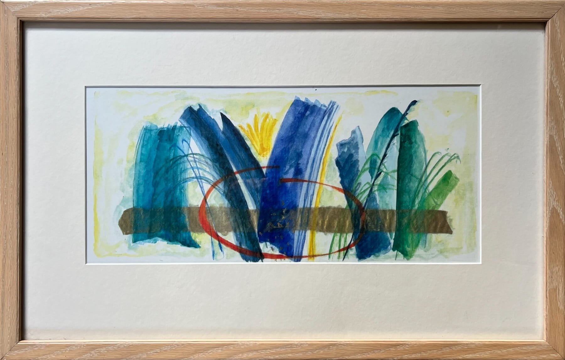 Watercolour by Jilly Edwards - a preparatory paainting for her tapestry Awake with the sun and see the reflections - hanging in The Old Workshop holiday cottage, Monkton Combe