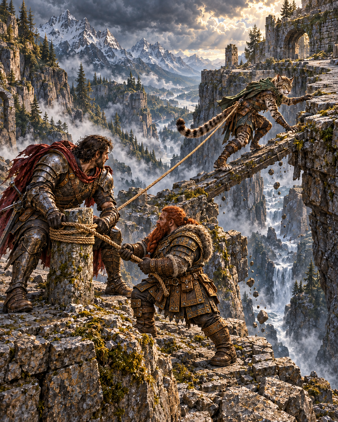 Human and dwarf adventurers secure a rope while a feline Wildern crosses a broken mountain bridge in the Ascended RPG.