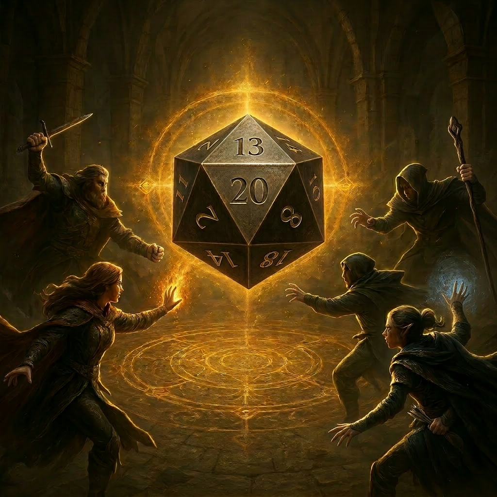 Fantasy adventurers channel magic around a glowing dice, representing a tabletop RPG action resolution system.