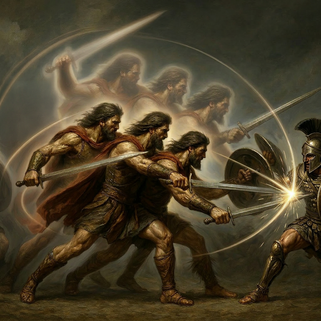 Action sequence system in a tabletop RPG illustrated by a warrior performing multiple attack steps in combat.