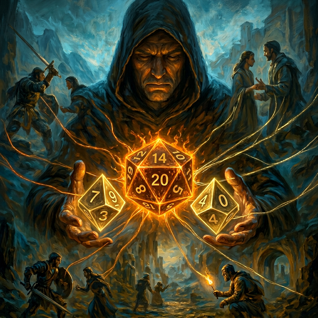 Glowing d20 dice controlled by a hooded figure, representing core dice mechanics in a fantasy tabletop RPG.