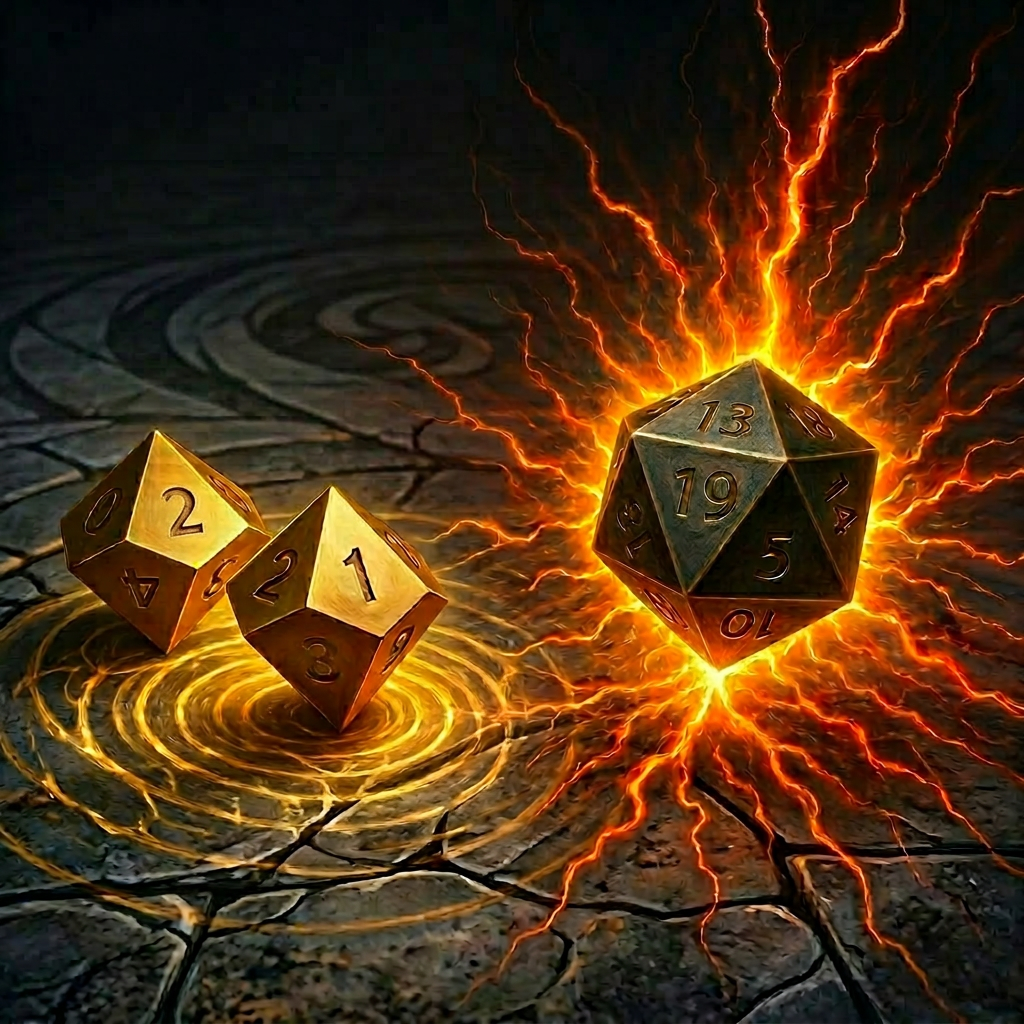 Glowing dice merging into a fiery d20, illustrating balanced randomness in a tabletop RPG dice system.