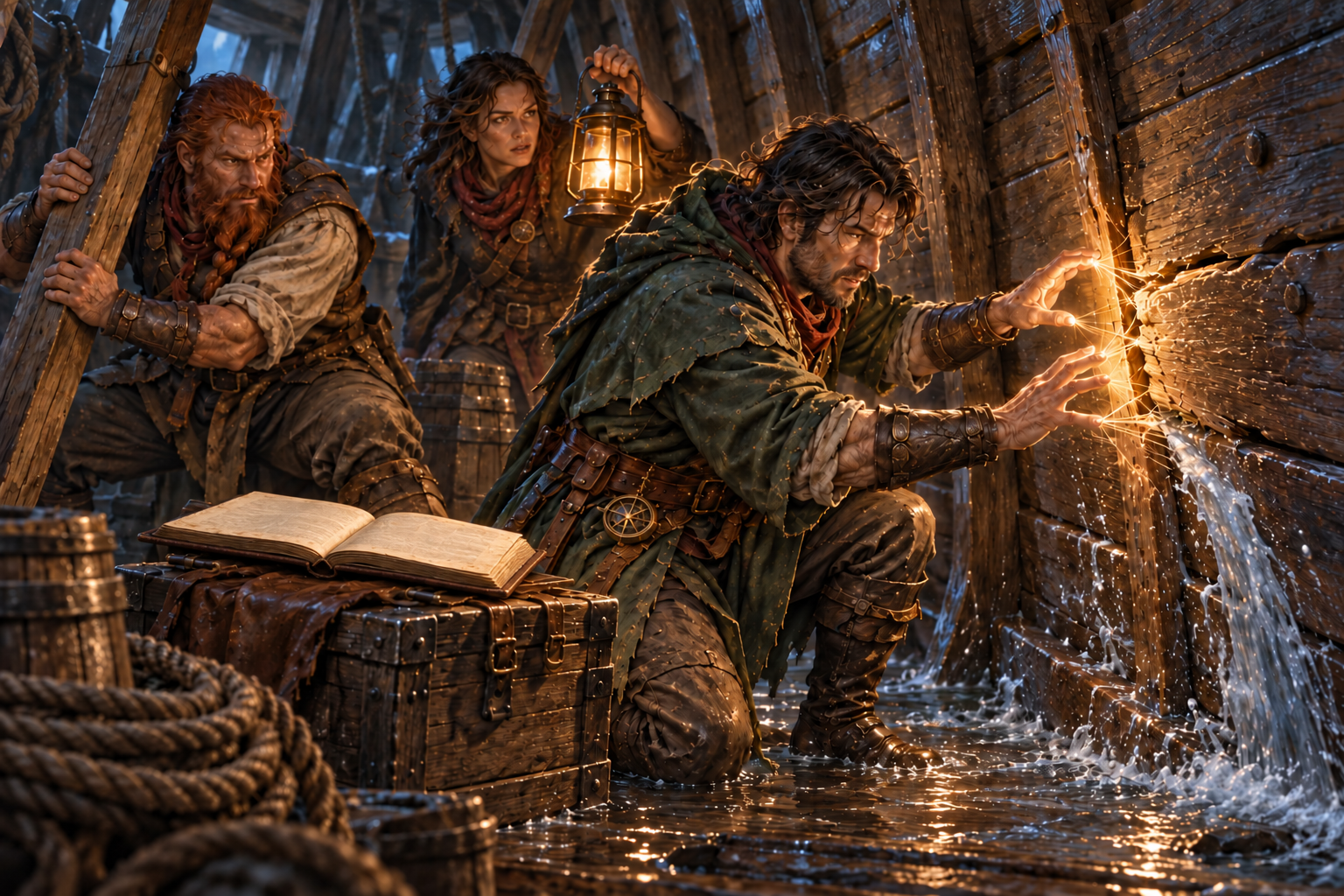 Human arcanist magically repairs a leaking ship’s hull while companions brace timber and hold a lantern in Ascended RPG.