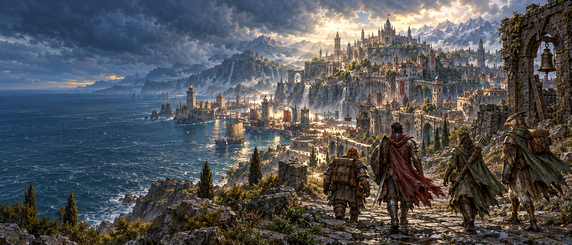 Four adventurers approach a fortified cliffside harbor city in Mithayre, the world of the Ascended tabletop RPG.