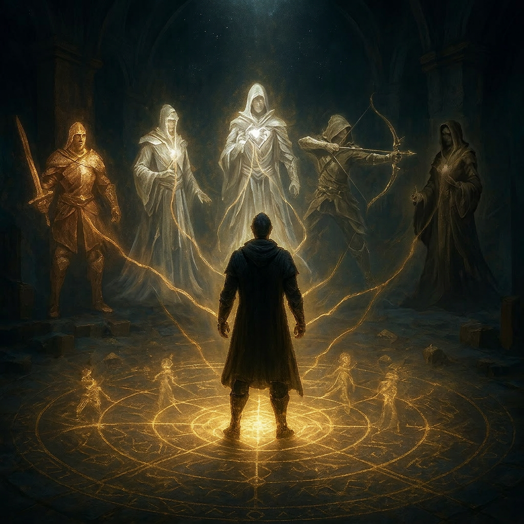 Character progression in a fantasy RPG shown as a figure choosing between warrior, mage, and rogue archetypes.