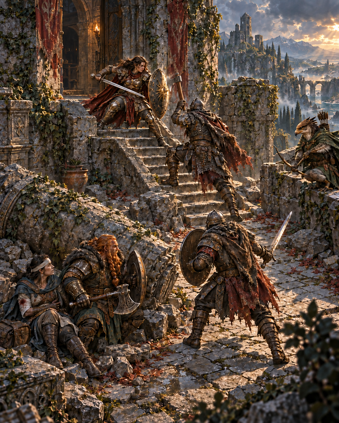 Ascended RPG adventurers defend a ruined stair against two raiders while a dwarf protects a wounded companion behind a pillar.