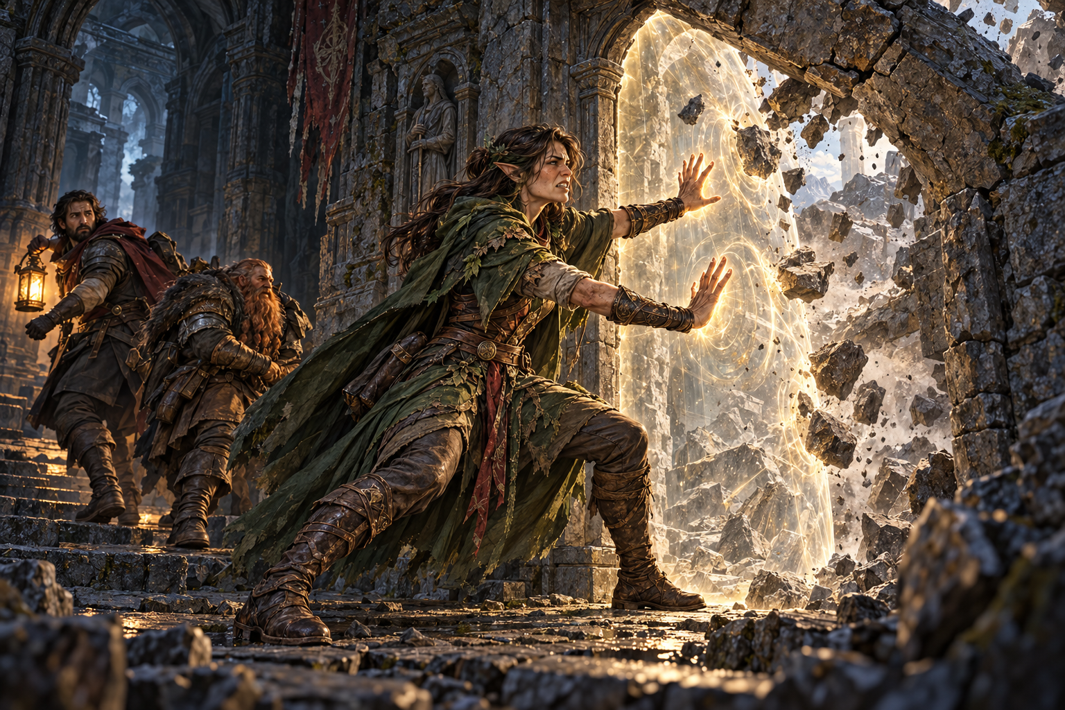 Verdant elf strains to hold a magical barrier against collapsing stone as companions escape a lantern-lit ruin in Ascended RPG.