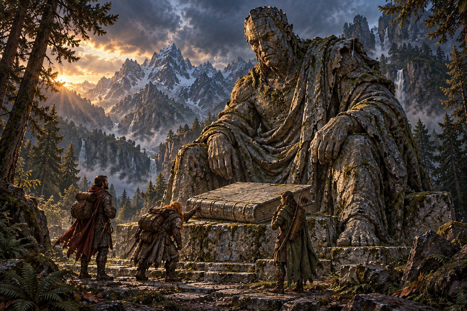A fantasy landscape featuring a giant seated Buddha statue surrounded by mountains, waterfalls, and mist, with a small group of people walking toward the statue at sunset.