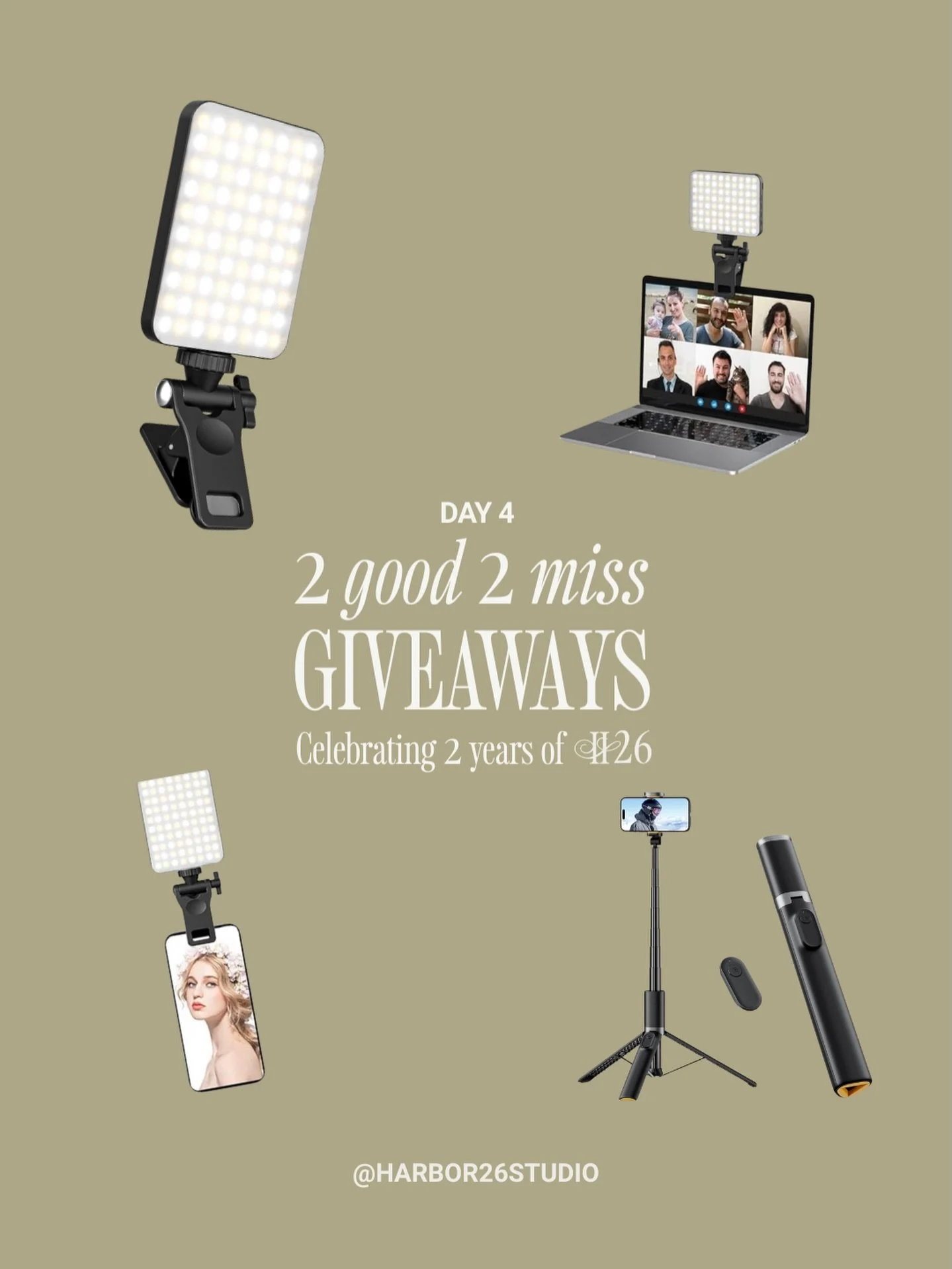 🎉 Day 4 of 7: We&rsquo;re counting down 2 years of Harbor 26 Studio with a week of giveaways!!
&nbsp;
Today&rsquo;s giveaway:&nbsp;
An all-in-one, portable phone tripod with a wireless remote and clip-on light that&rsquo;s perfect for filming, shoot