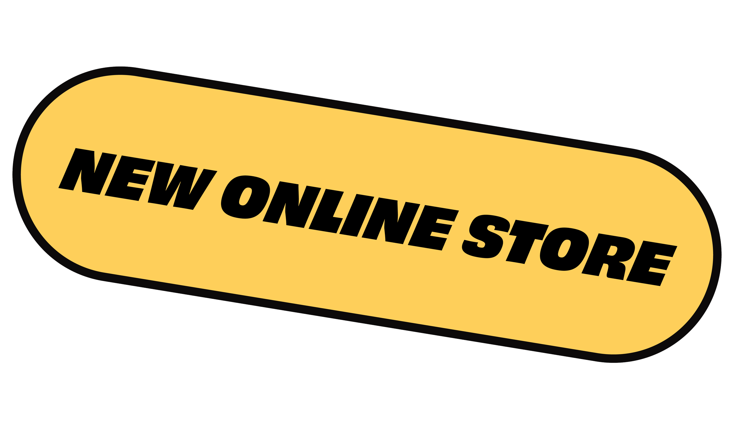 Yellow oval-shaped sign with black text that says 'New Online Store' on a white background.