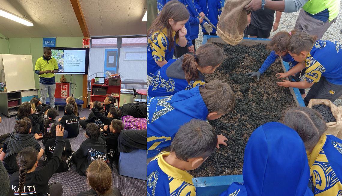 Children attending an indoor educational presentation with a speaker, and children participating in an outdoor activity planting or working with soil in a blue raised bed.