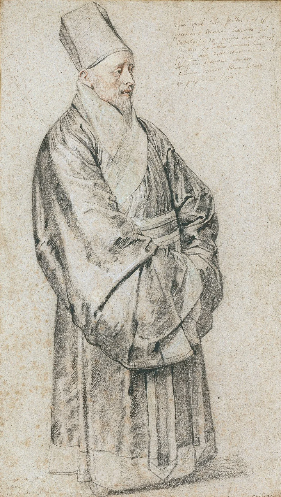 A detailed sketch of a man wearing traditional Asian clothing with a long robe and a tall hat. The man has a beard and mustache and is standing with his arms crossed.