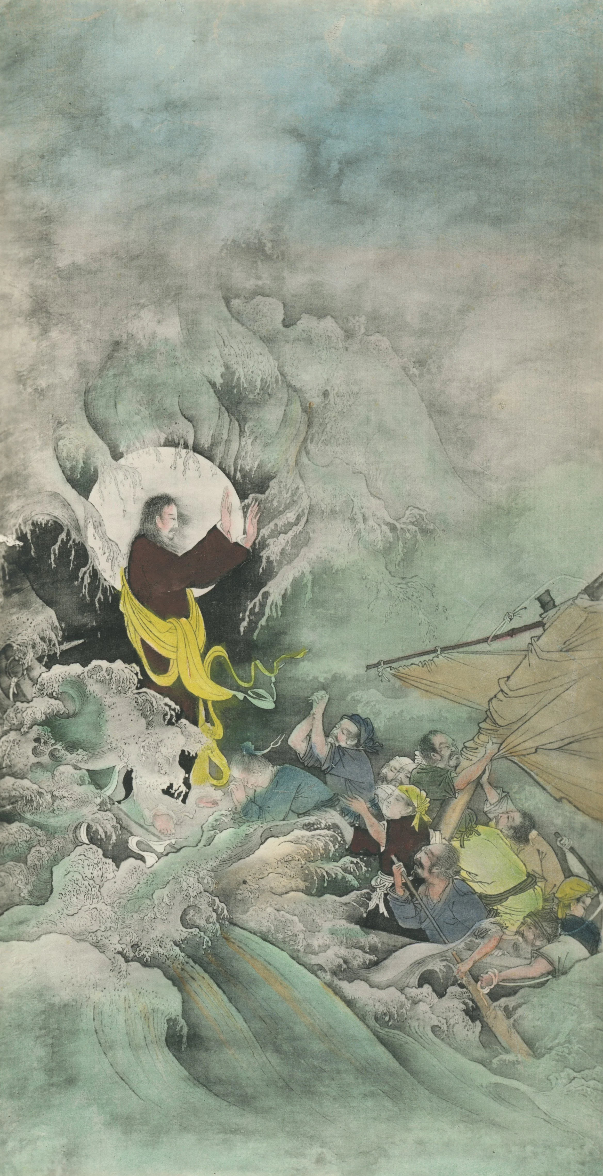 Traditional Chinese painting depicting a scene with multiple characters on a turbulent sea with waves, a large rock, and a tree, emphasizing a historical or mythological event.