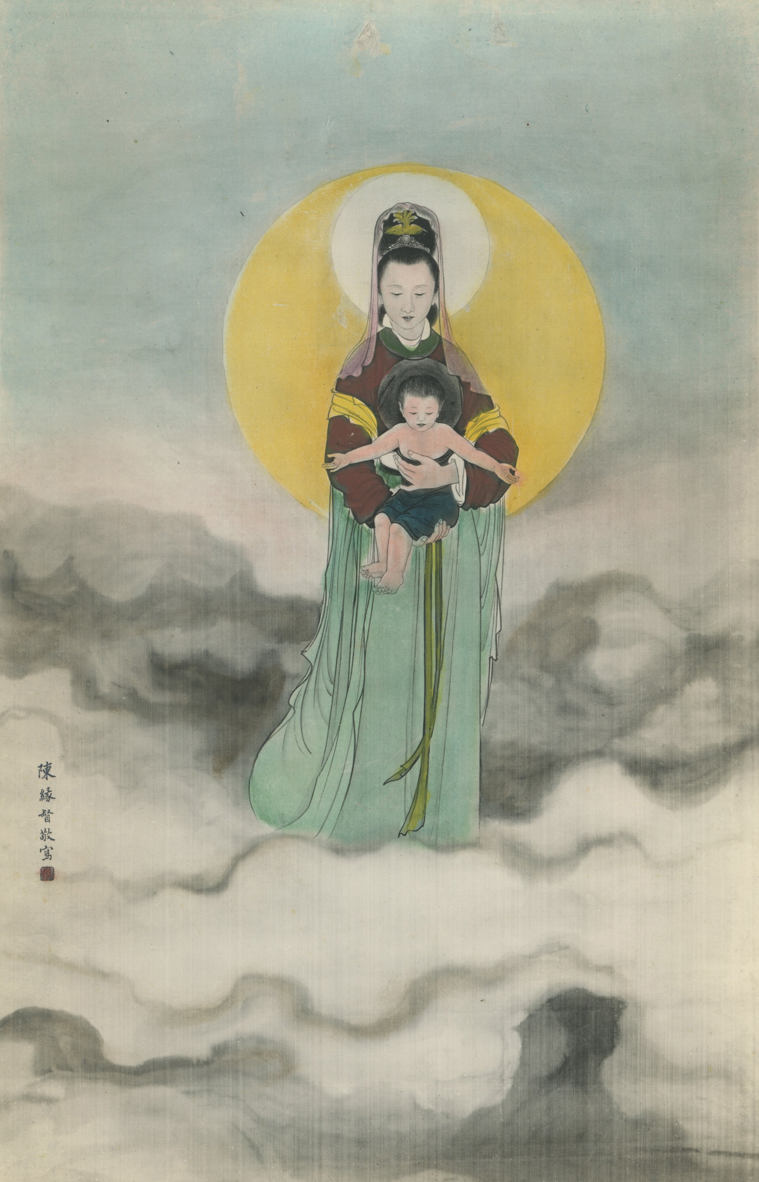 A traditional Chinese painting of a female figure with a halo holding a child, surrounded by gray clouds and a soft pastel sky.