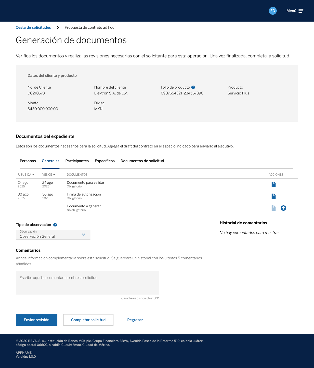 Formato de solicitud a operar con datos y documentación así como acciones de enviar a revisar comentarios o completar la solicitud.