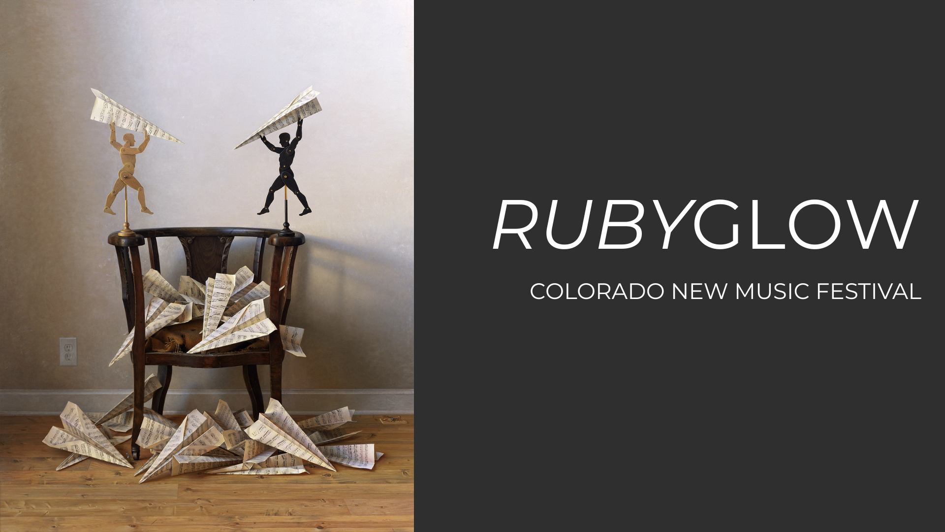 Painting of chair with sheet music folded into paper airplanes