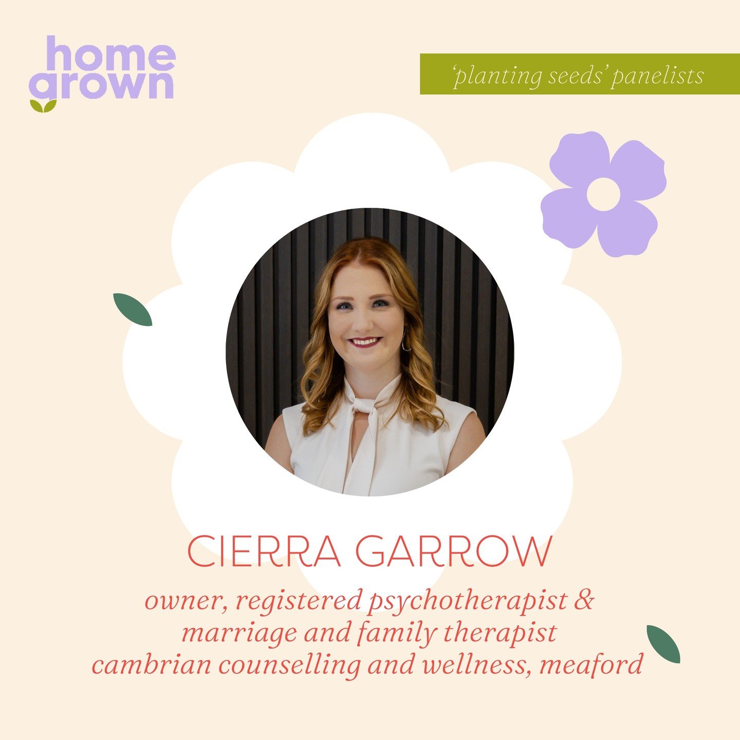 ✿ PLANTING SEEDS PANELIST ✿

Meet Cierra Garrow (she/her), the compassionate force behind Cambrian Counselling and Wellness (@cambrian.cw ) in Meaford. 

As a Registered Psychotherapist and Marriage and Family Therapist with many years of clinical an