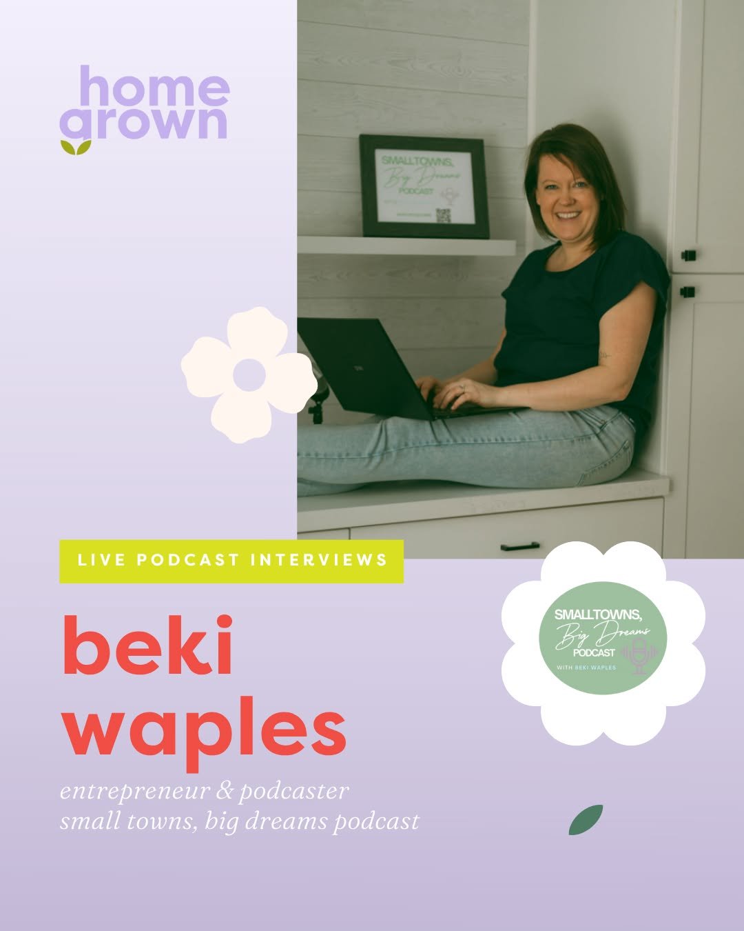 ✿ FEATURED GUEST ✿

Say hello to Beki Waples, the voice and heart behind the Small Town, Big Dreams podcast (@smalltownbigdreamspodcast ) where she interviews local creators, makers, and entrepreneurs who are doing bold things in rural places.

Based