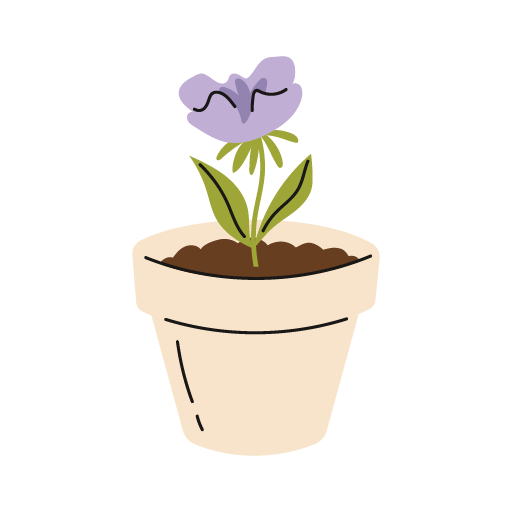 A cartoon illustration of a potted purple flower with green leaves.