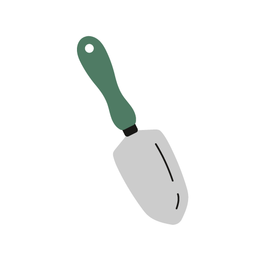 A cartoon illustration of a small gardening trowel with a green handle and silver blade.