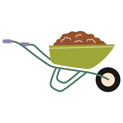 Illustration of a green wheelbarrow filled with brown soil or dirt.