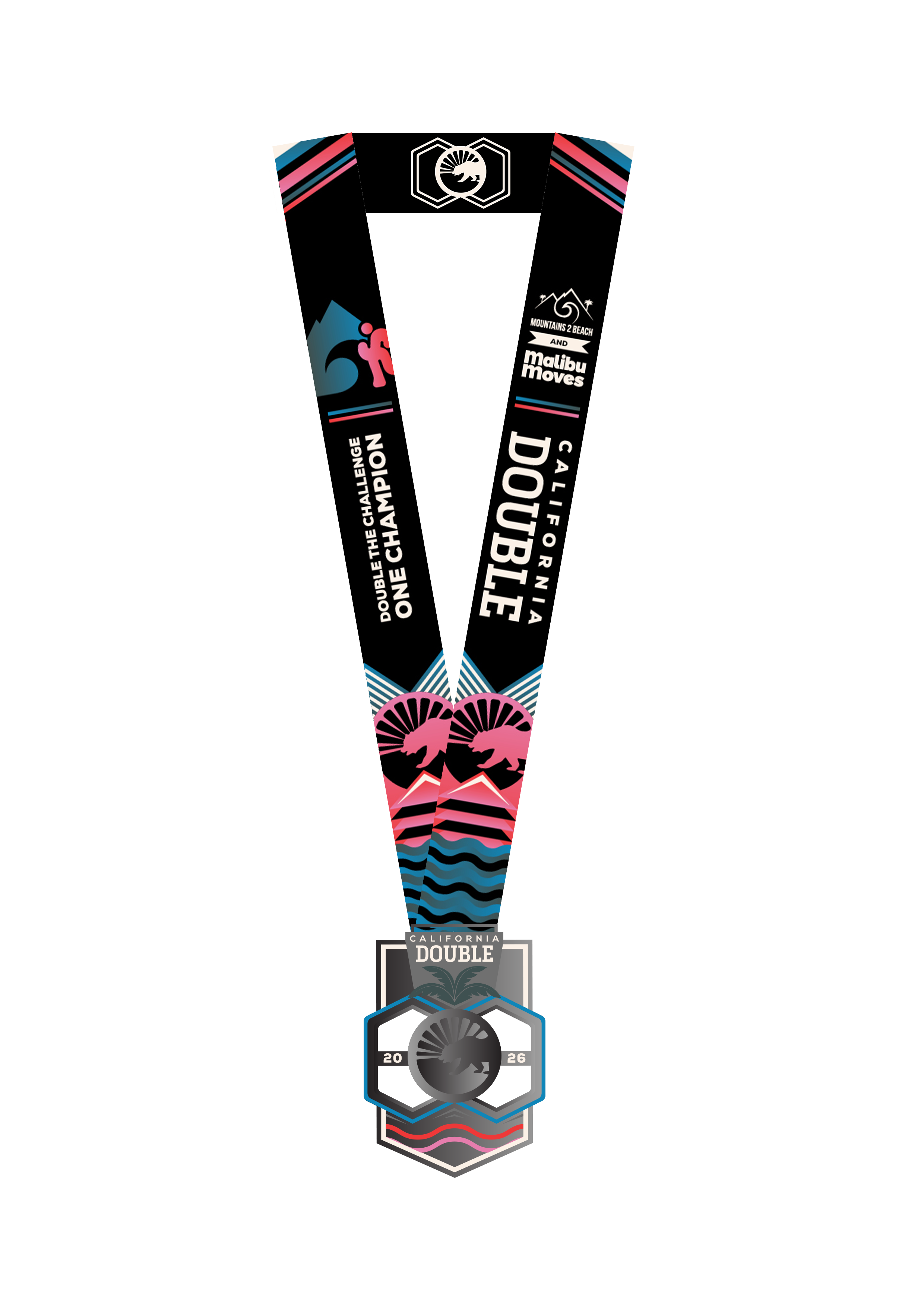 California Double Challenge medal front design featuring ocean waves, coastal mountains, and the California grizzly bear symbol, awarded to runners who complete both Mountains to Beach and Malibu Moves races in 2026.