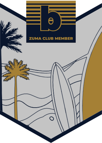 Medal b. A surfboard standing between two palms with the Pacific behind and a gold sun at the edge.