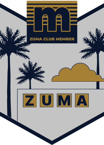 Medal M. Two palm trees and a gold cloud above the word ZUMA.
