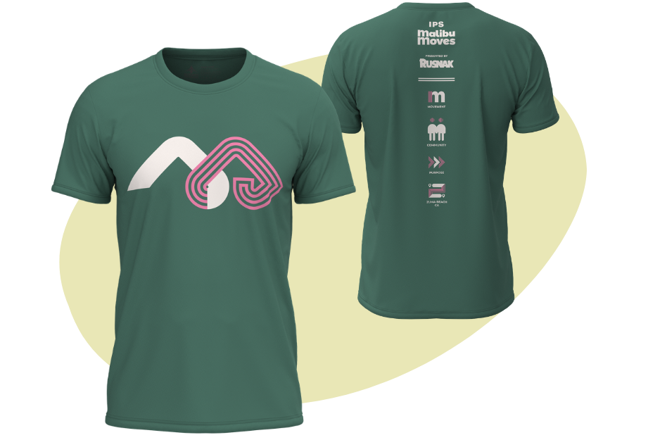 2026 Malibu Moves Shirt. The design features the core of Malibu Moves; Movement, Community, Purpose & Zuma Beach, Malibu.