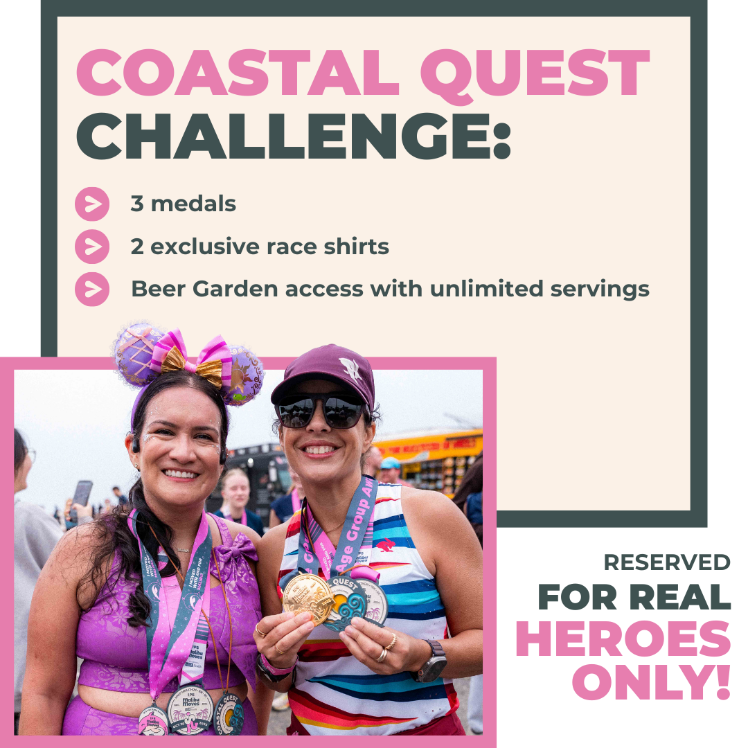 Two smiling Malibu Moves participants holding three finisher medals after completing the Coastal Quest Challenge, celebrating at the post-race festival.