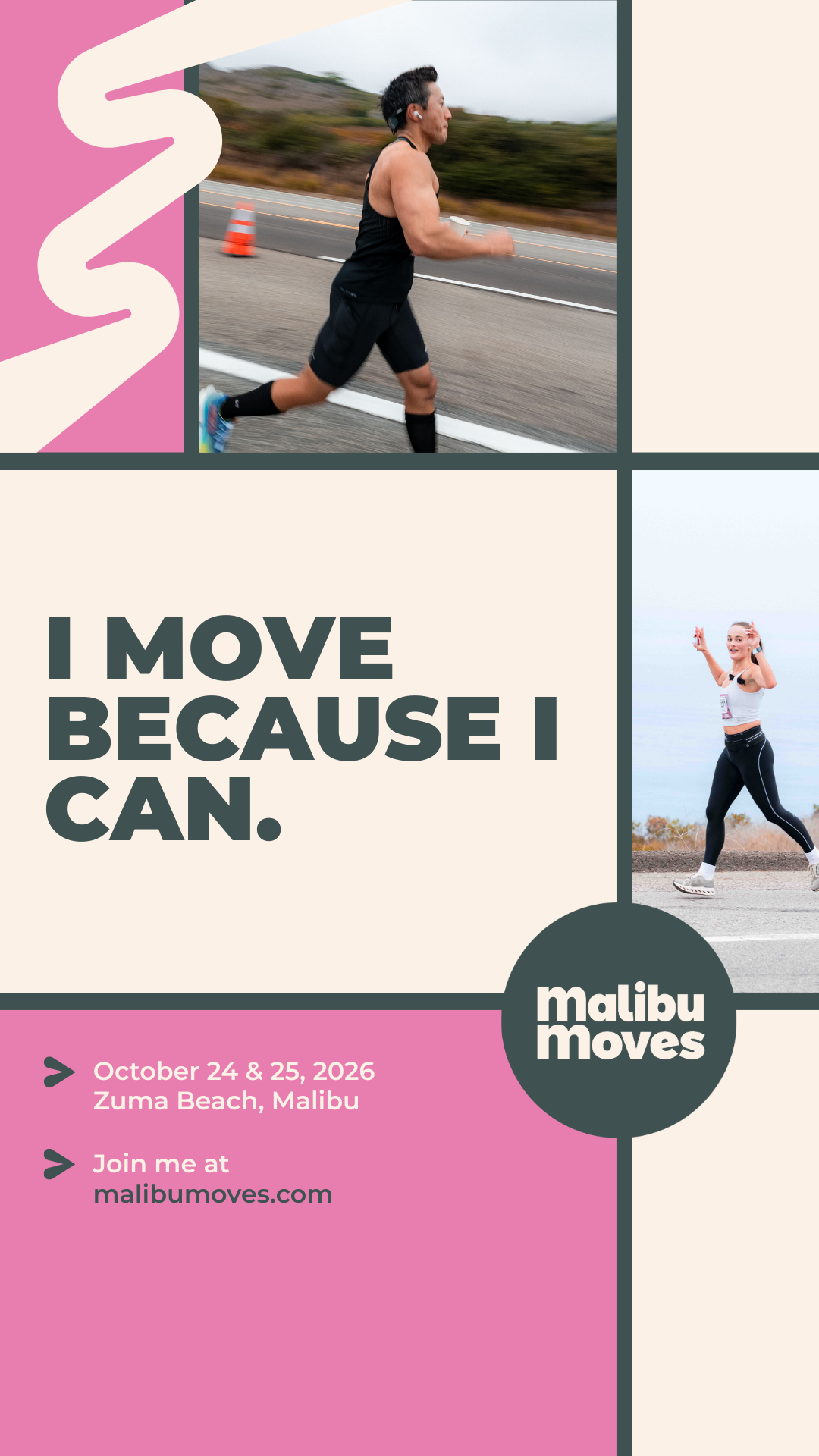 Inspirational Malibu Moves graphic showing runners in motion along the Malibu coastline with the phrase “I move because I can” and event details for October 2026.
